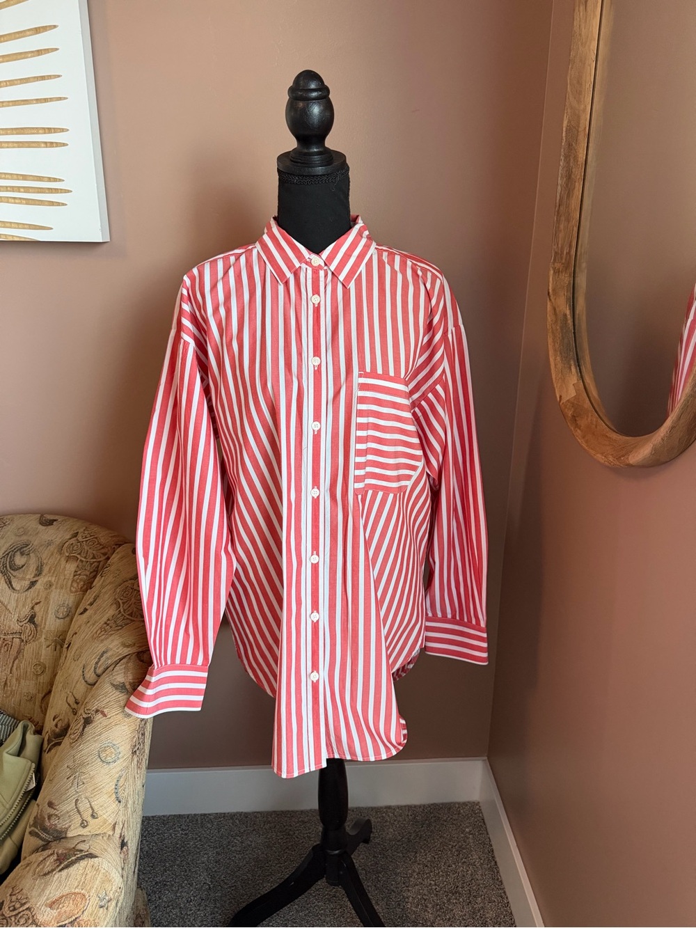 LOFT Red and White Striped Button-Down Shirt
